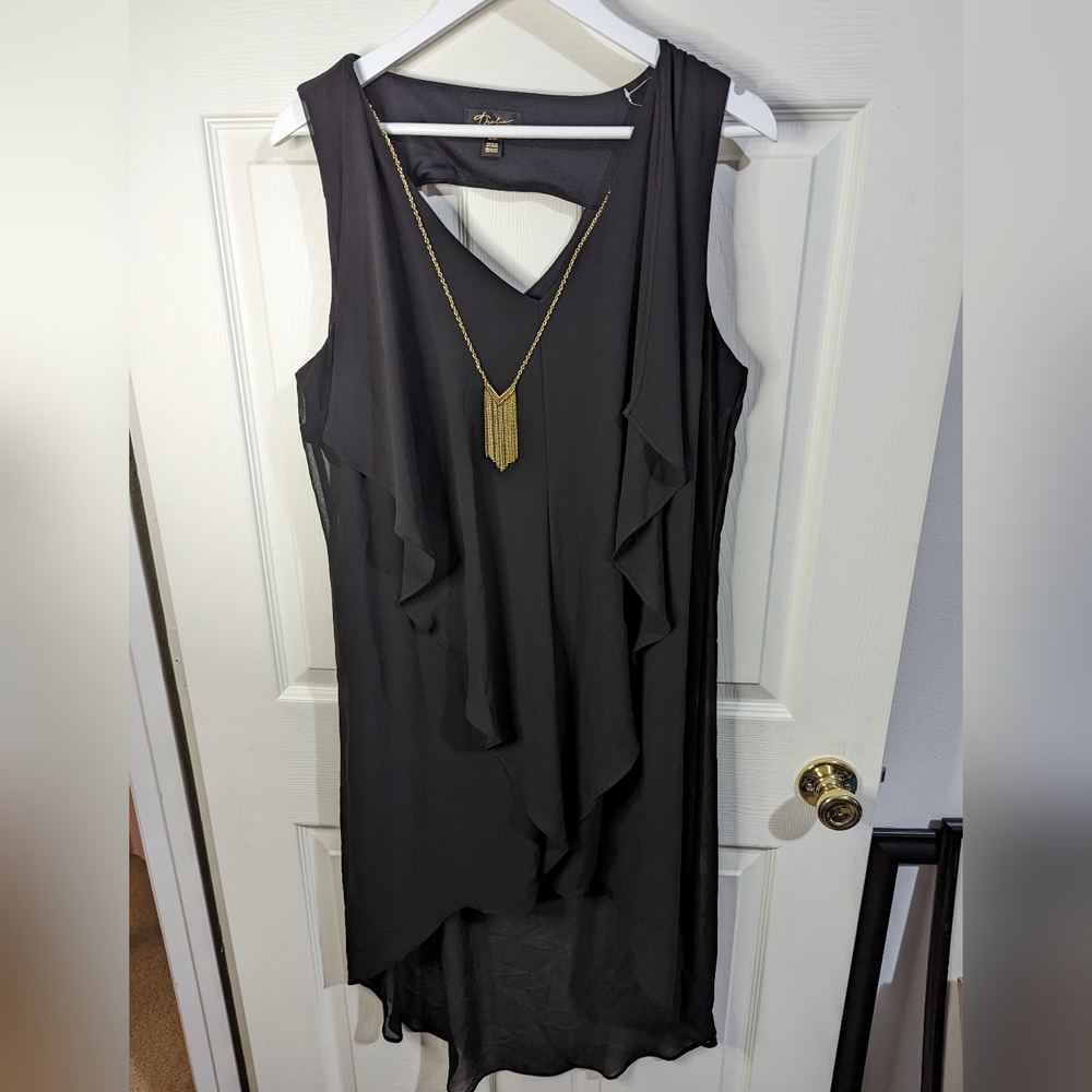 Thalia Sodi Women's black chiffon Dress V neck handkerchief hem size large